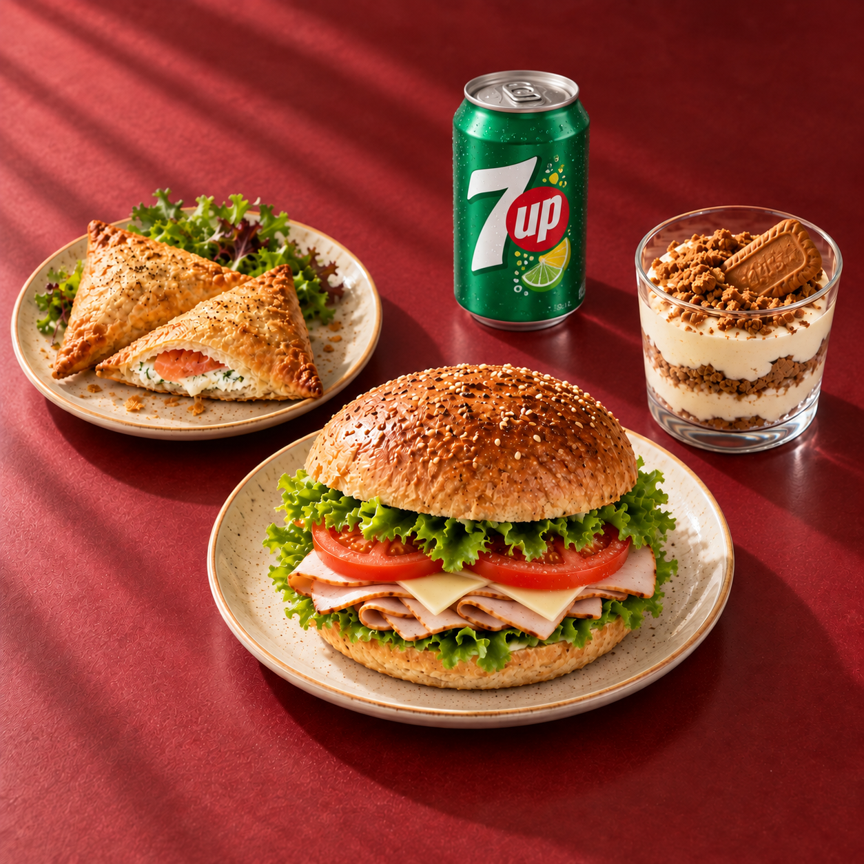 Bun de dinde, fromage, laitue et tomate, accompagné de bricks saumon et cream cheese, tiramisu spéculoos et canette de 7UP, suggestion de présentation